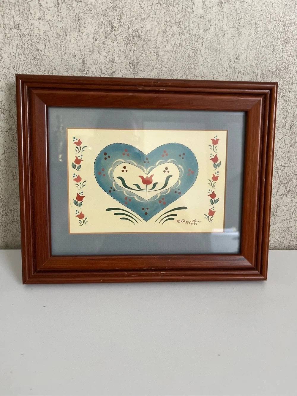 Wooden Framed Folk Art Blue Heart Print Pennsylvania Dutch Americana Signed 9x8